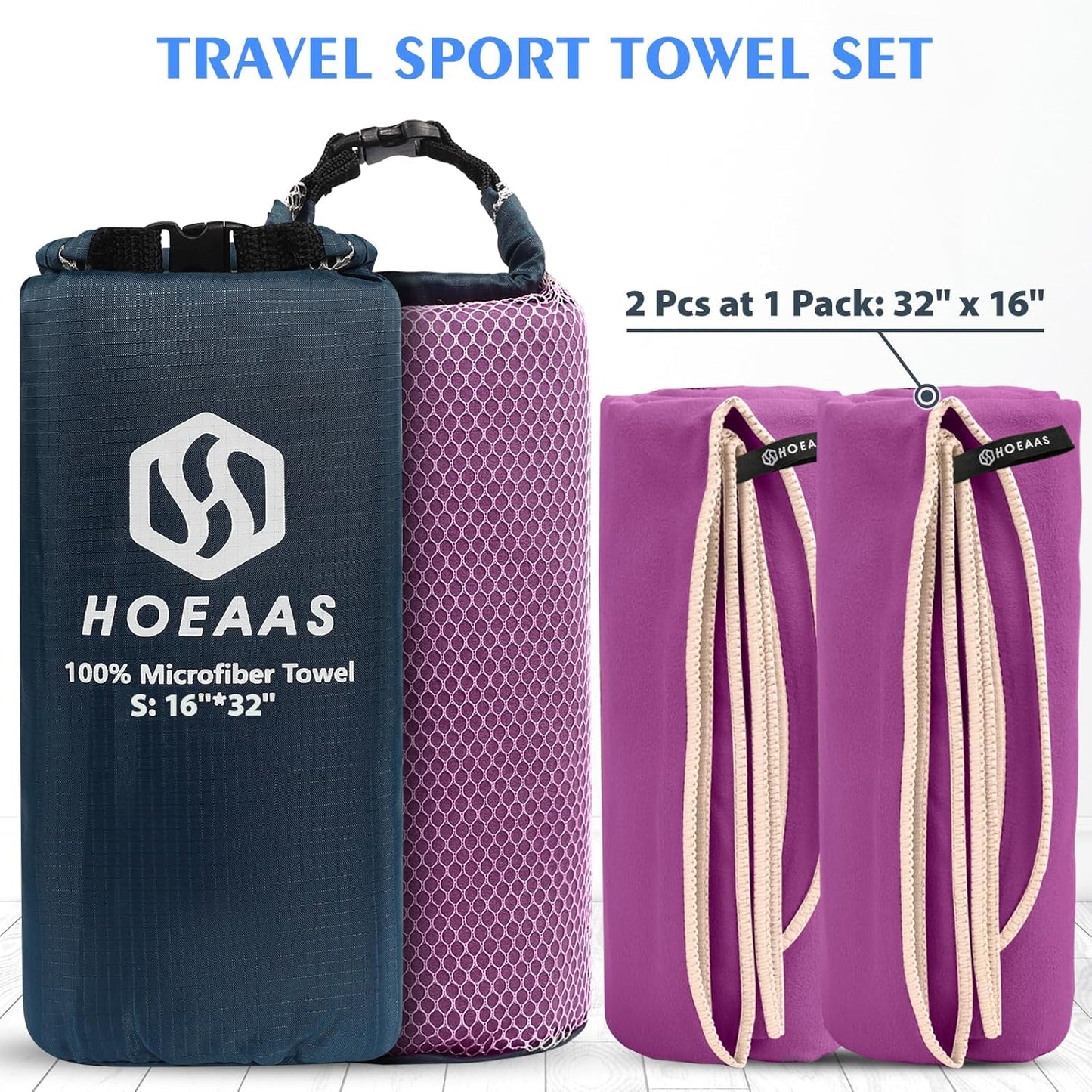 HOEAAS 2 Pack Microfiber Camping Towels, Quick Dry Towel, Super Absorbent Ultra Compact Travel Towel Soft Lightweight Sports Towel for Sweat Fast Drying Towels for Pool,Gym,Hiking,Backpacking,Fitness