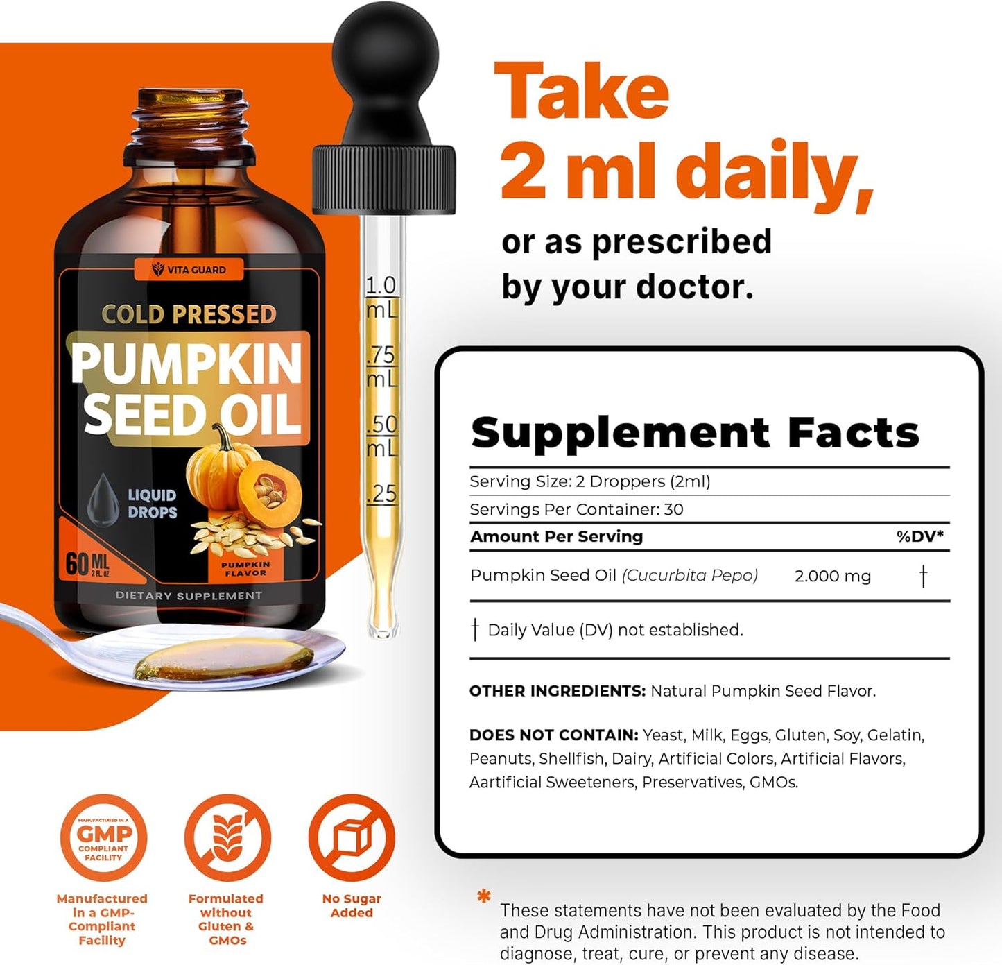 Cold Pressed Pumpkin Seed Oil Liquid Drops – 2000mg per Serving | Vegan, Gluten-Free, Non-GMO | Hair, Skin & Prostate Support | Natural Pumpkin Flavor | 60ml Dietary Supplement