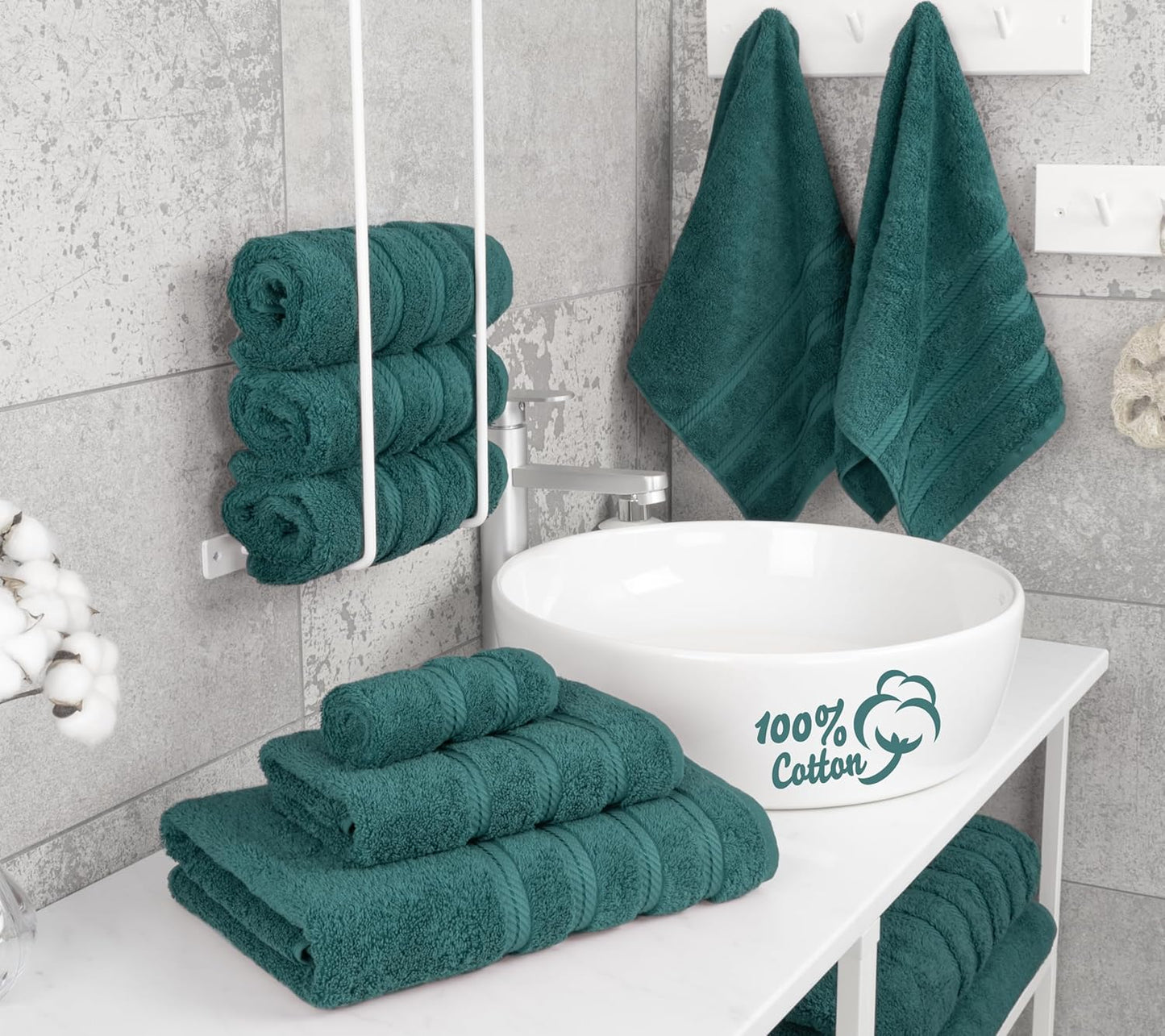American Soft Linen Luxury 6 Piece Towel Set, 2 Bath Towels 2 Hand Towel 2 Washcloths, 600 GSM 100% Cotton Turkish Towels for Bathroom, Teal Towel Sets
