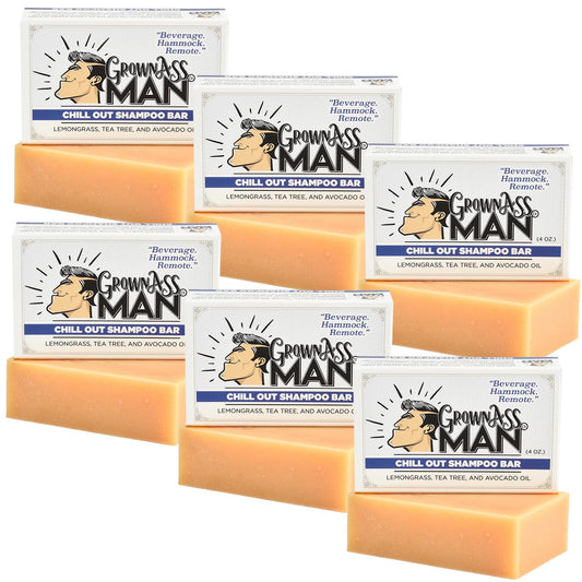 Grown Ass Man Co. - Solid Shampoo Bar Rich Lather 3 in 1: Hair, Beard & Body Wash - Plastic Free & Eco-Friendly, Natural & Organic Clean for All Hair Types, 4oz Bar (Chill Out, 6-Pack)