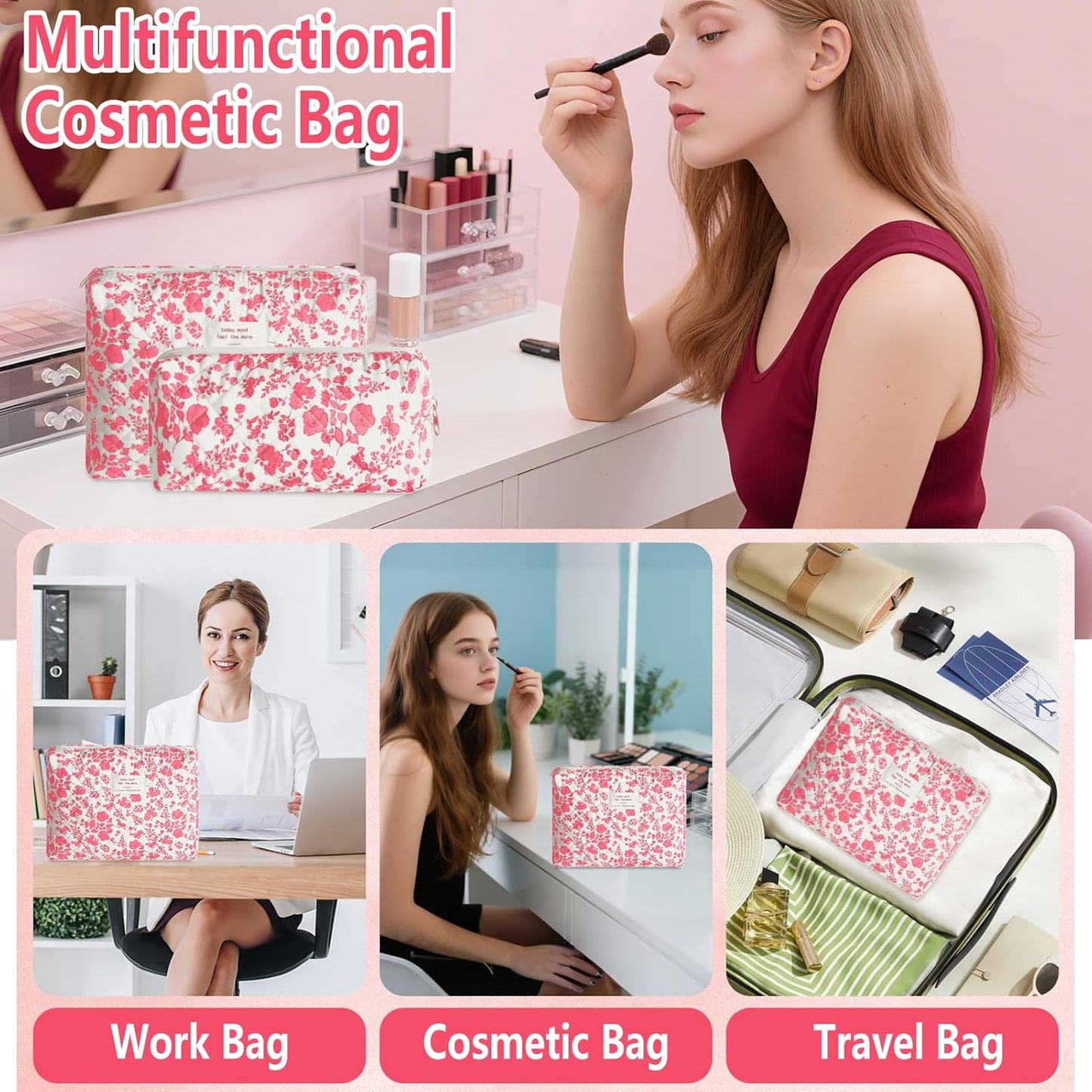 2Pcs Quilted Makeup Bag Set Flower Cute Pencil Case Large Small Travel Makeup Pouch Set for Women Coquette Makeup Bag Aesthetic Cotton Cosmetic Bag Pink Toiletry Organizer Storage Bag Big Zipper Pouch