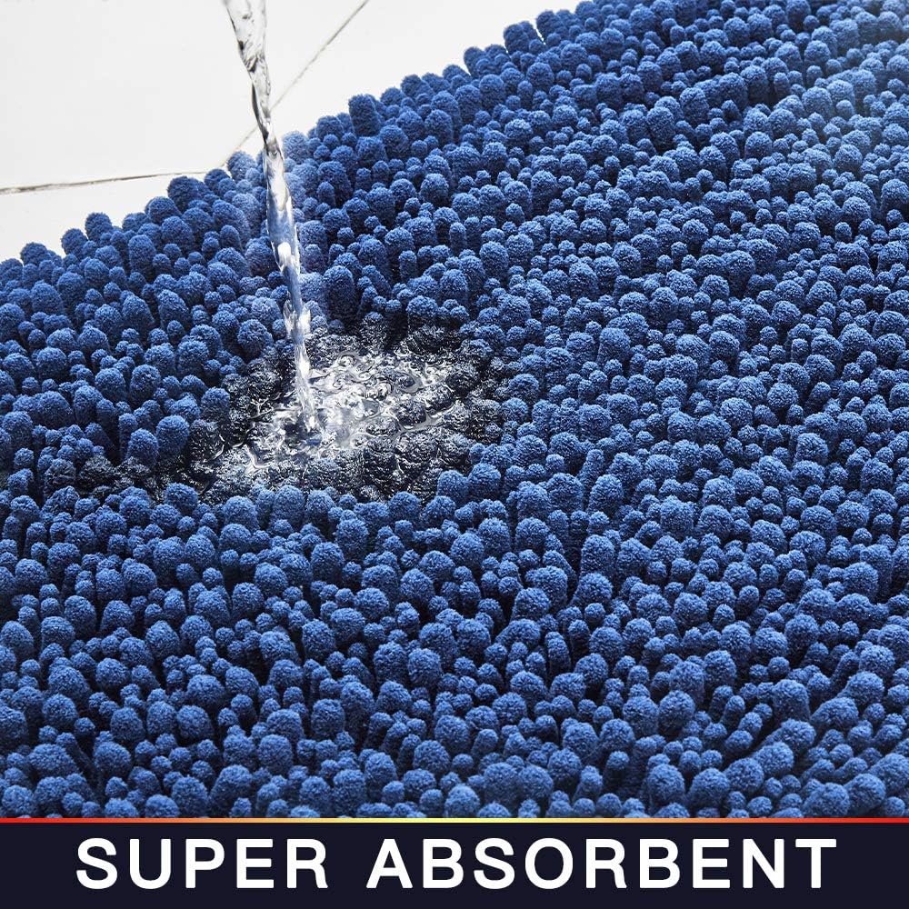 Walensee Bathroom Rug Non Slip Bath Mat (36x24 Inch Dark Blue) Water Absorbent Super Soft Shaggy Chenille Machine Washable Dry Extra Thick Perfect Absorbant Best Large Plush Carpet for Shower Floor