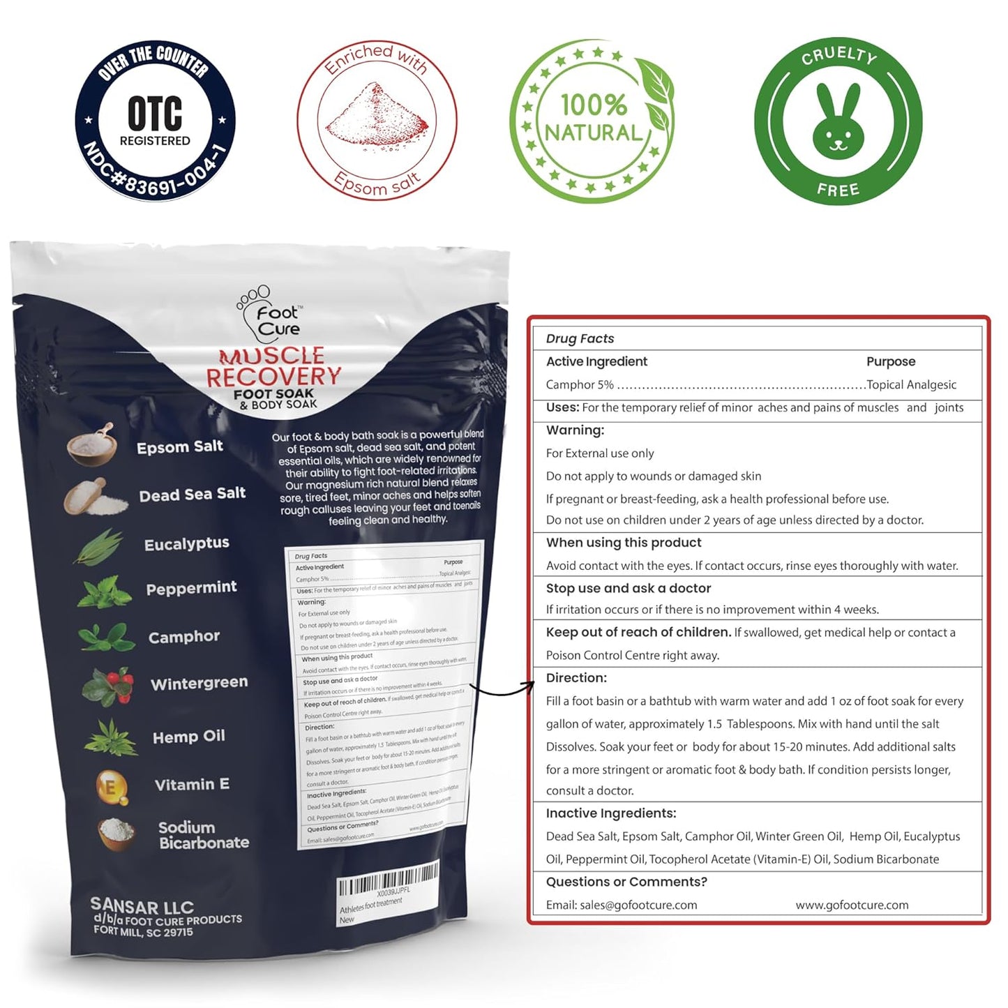 FOOT CURE Tea Tree Oil & Muscle Foot Soak with Epsom Salts - All-Natural Salts for Post-Workout Recovery - Softens Calluses, Soothes Sore & Tired Feet, Foot Odor Control, Spa Pedicure (Pack of 2)