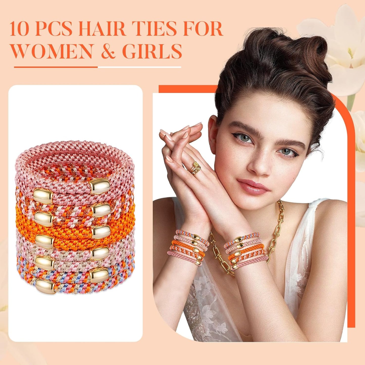 Hair Ties No Damage - 10PCS Ponytail Holders - Elastic Hair Ties for Thick Hair - Braided Hair Bands for Women Girls's Hair - Persimmon Orange