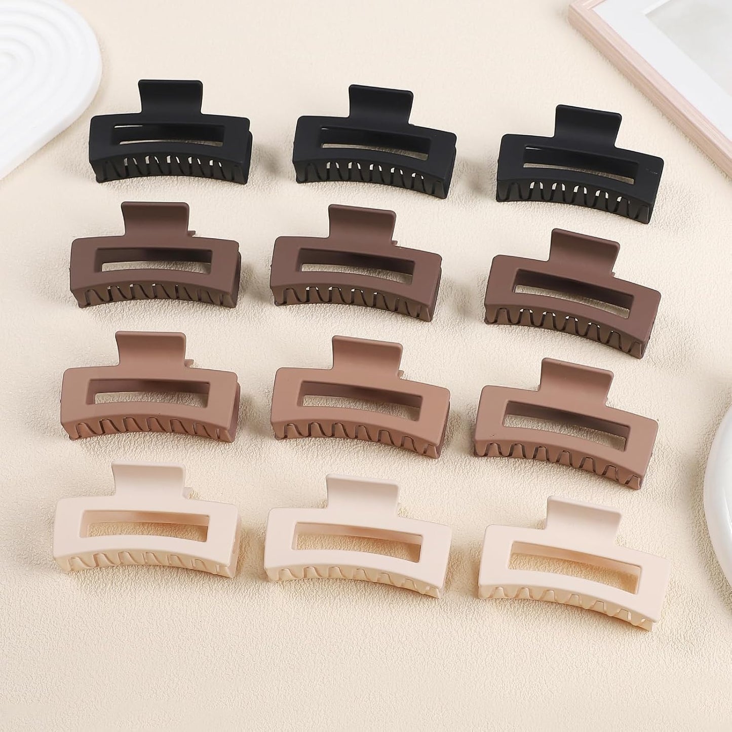 Hair Claw Clips, 3.5 Inch Medium Square Jaw Clips 12 Pcs for Thick and Thin Hair - Matte Black, Dark Brown, Light Brown, Bulk Hair Accessories