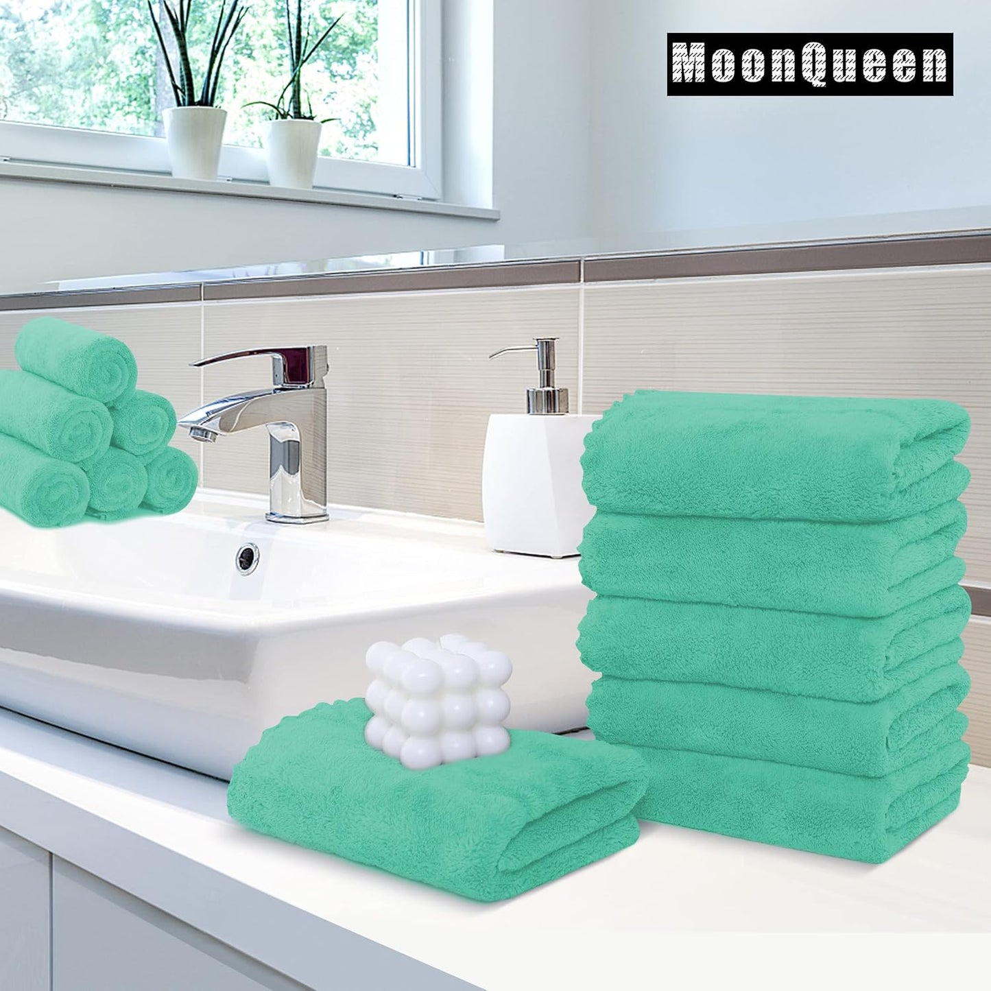 MOONQUEEN 18 Pack Premium Hand Towels - Quick Drying - Microfiber Coral Velvet Highly Absorbent Towels - Multipurpose Use as Hotel, Bathroom, Shower, Spa, Hand Towel 16 x 28 inches (Aqua Green)
