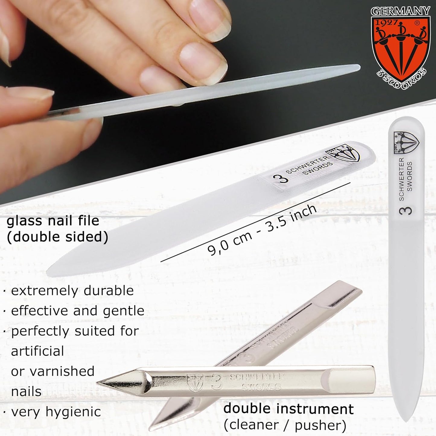 3 Swords Germany - Brand Quality 6 Piece Manicure Pedicure Grooming kit Set - Scissors, Metal and Glass Nail File, Clipper, Tweezers with Synthetic Leather case - Brown