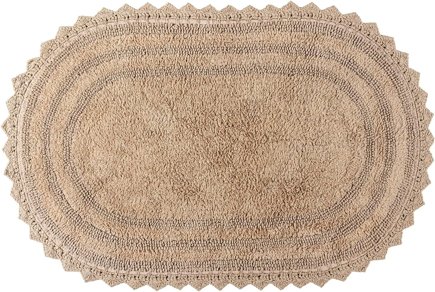 RAJRANG Sand Bathroom Rug with Crochet Pattern Soft Absorbent Reversible Boho Cotton Bath Mat Warm Sand Oval 34x21 Inches