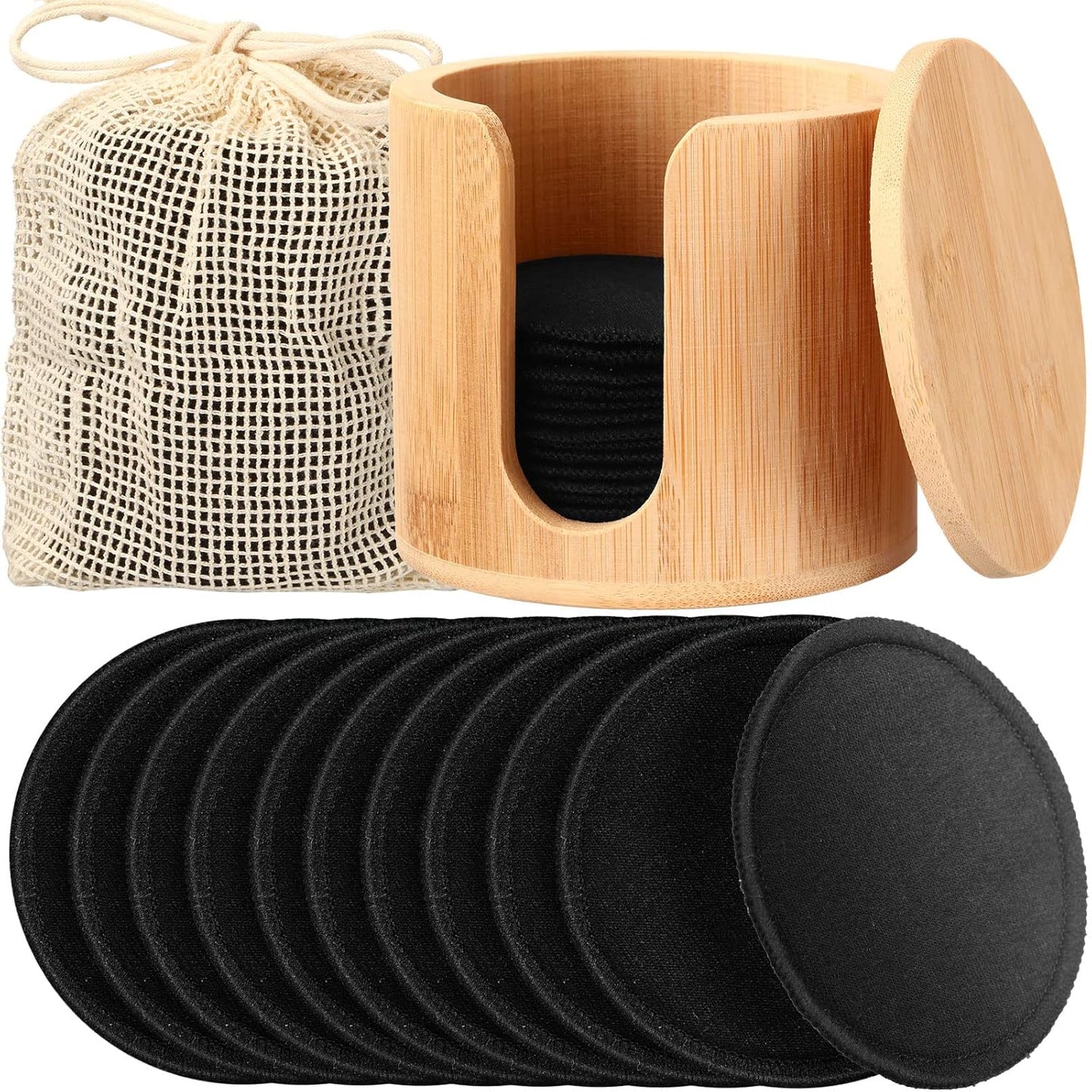 Foaincore 40 Pcs Reusable Makeup Remover Pads with Mesh Laundry Bag Washable Bamboo Cotton Rounds Soft Reusable Face Pad for Toner Skin Types with Bamboo Holder(Black)