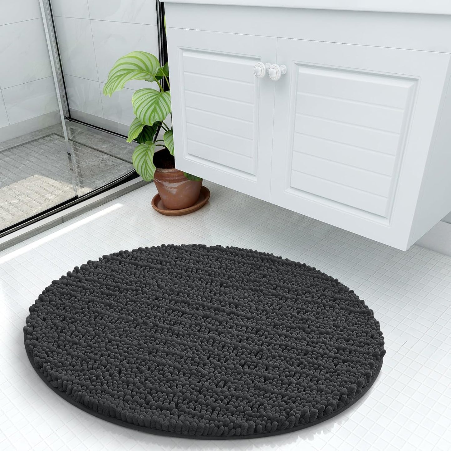 Arotive Luxury Round Chenille Bathroom Rug Mat, Extra Soft Thick Absorbent Shaggy Bath Rugs, Non-Slip Machine Wash Dry Plush Bath Mats for Bathroom, Shower and Tub, 24x24, Dark Grey