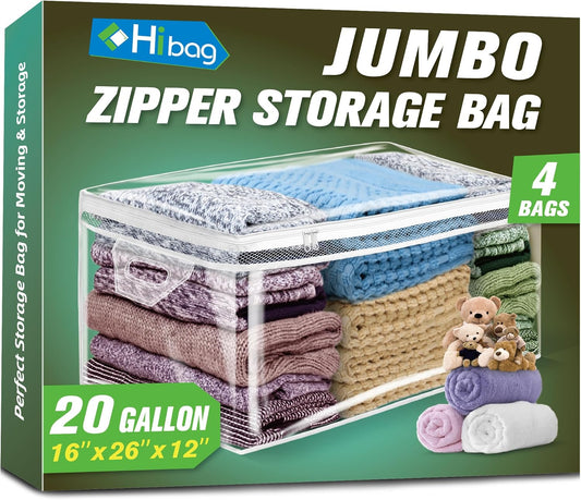 HIBAG 20 Gallon Large Storage Bag for Clothes, Zipper Clothing Storage Bag, Clear Organizer with Reinforced Handles, for Comforters Blankets Pillows Bedding (4 Pack)