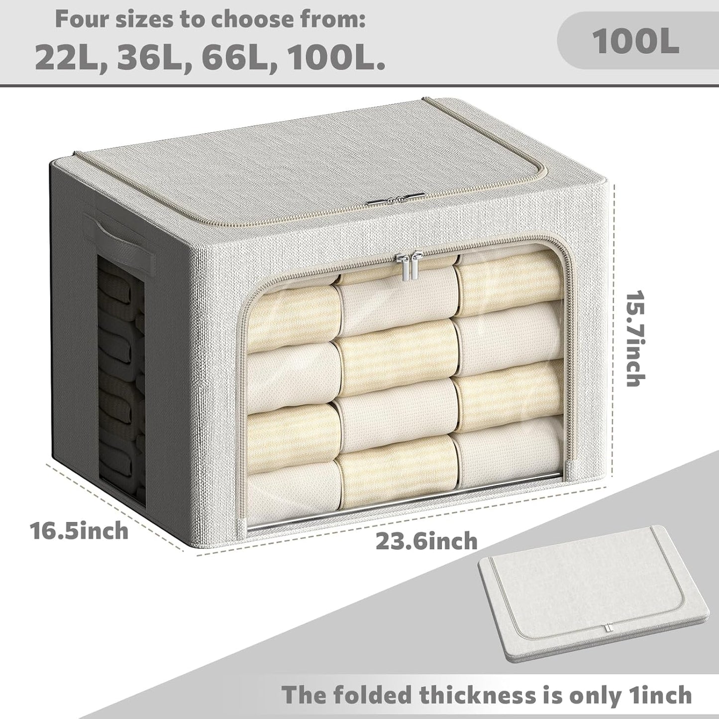 FHSQX 6 Pack Clothes Storage Bins with Metal Frame 100L Foldable Storage Bins for Clothes Linen Fabric Storage Box with Clear Window (Lvory White, 23.6x16.5x15.7inch(100L))