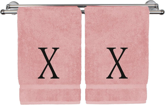 Monogrammed Hand Towel, Personalized Initial Gift, Extra Absorbent 100% Turkish Cotton - Soft Terry Finish - Set of 2 - Black Block Initial X - Embroidered on Pink Towels
