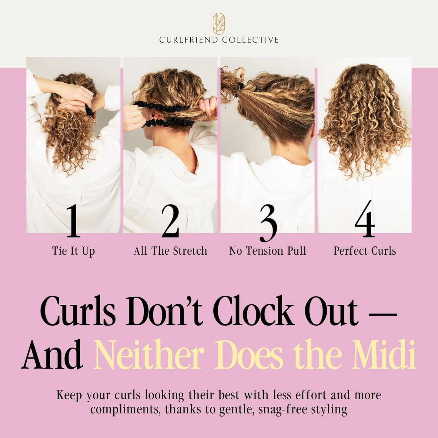 Curlfriend Collective Onyx Midi Curly Hair Silk Scrunchies for Women, Black | 22 Momme Mulberry Silk Hair Ties for Curly, Coily, and Wavy Hair - Black, Pack of 4