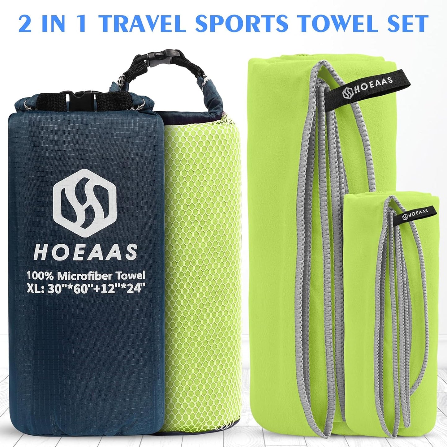 HOEAAS 2 Pack Microfiber Camping Towels, Quick Dry Towel, Super Absorbent Ultra Compact Travel Towel Soft Lightweight Sports Towel for Sweat Fast Drying Towels for Pool,Gym,Hiking,Backpacking,Fitness