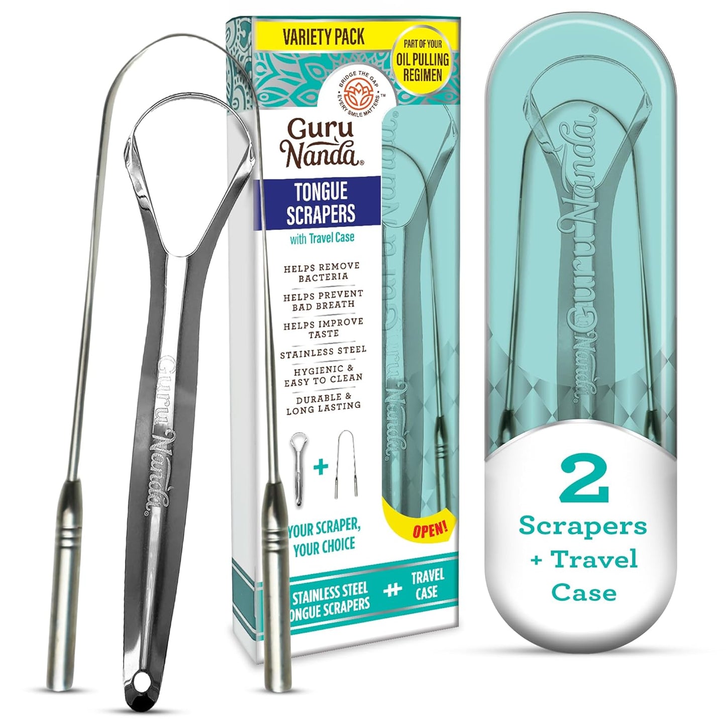 GuruNanda Spoon & U-Shaped Tongue Scraper Variety Pack (2 Pack) with Travel Case, 420 Medical Grade Stainless Steel, Promotes Fresh Breath & Oral Care