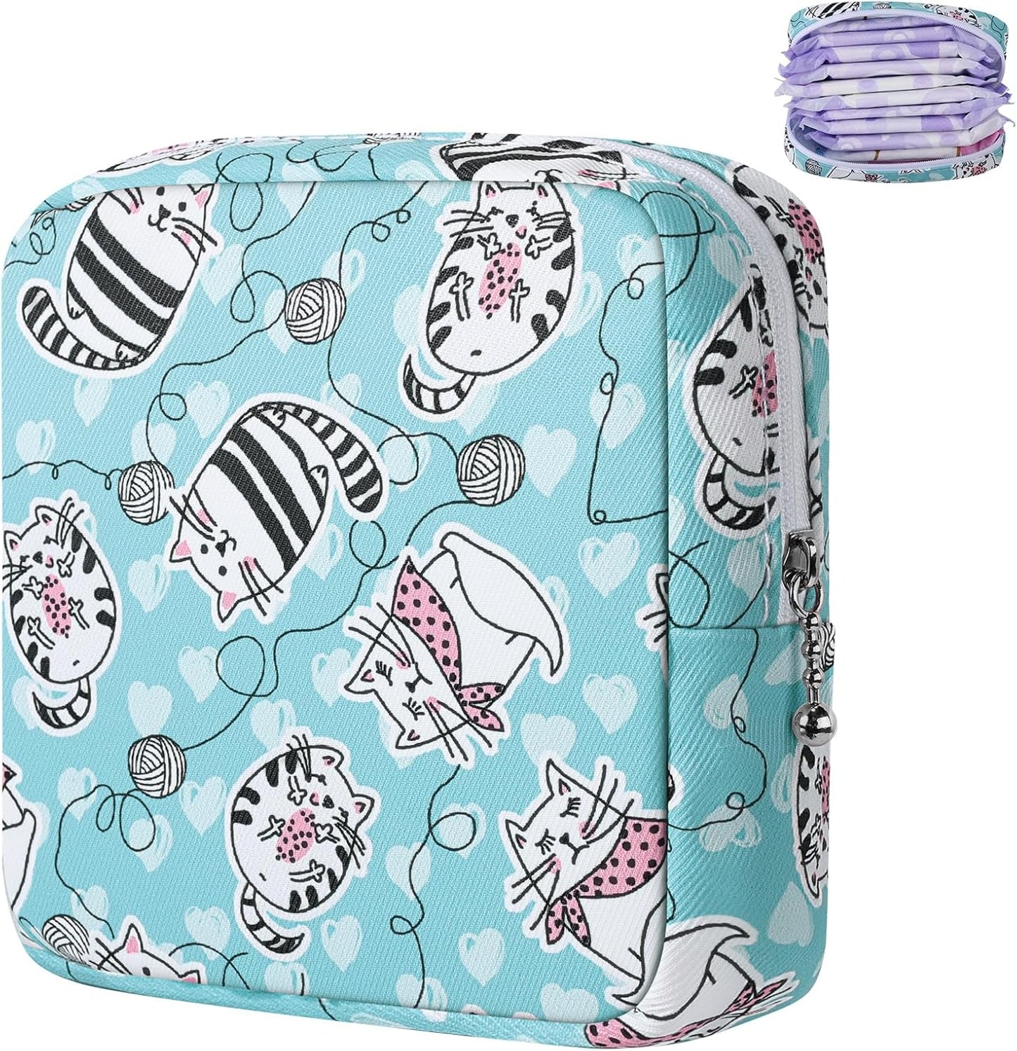 Period Bag Pouch, Canvas Sanitary Napkin Storage Bag for Girls Womens, Portable Sanitary Napkin Period Pad Pouch for Purse, Small Make Up Bags(Blue Cat N0461)
