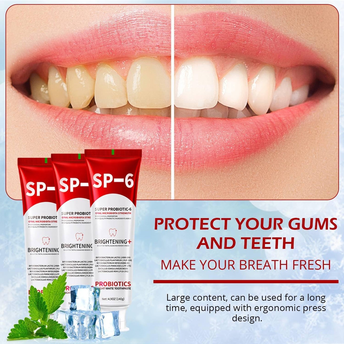 SP-6 Probiotics Whitening Toothpaste - Probiotics for Teeth Whitening and Gum Health - Enamel-Safe, Fluoride-Free, Double Mint Flavor,Fresh Breath (3PCS)