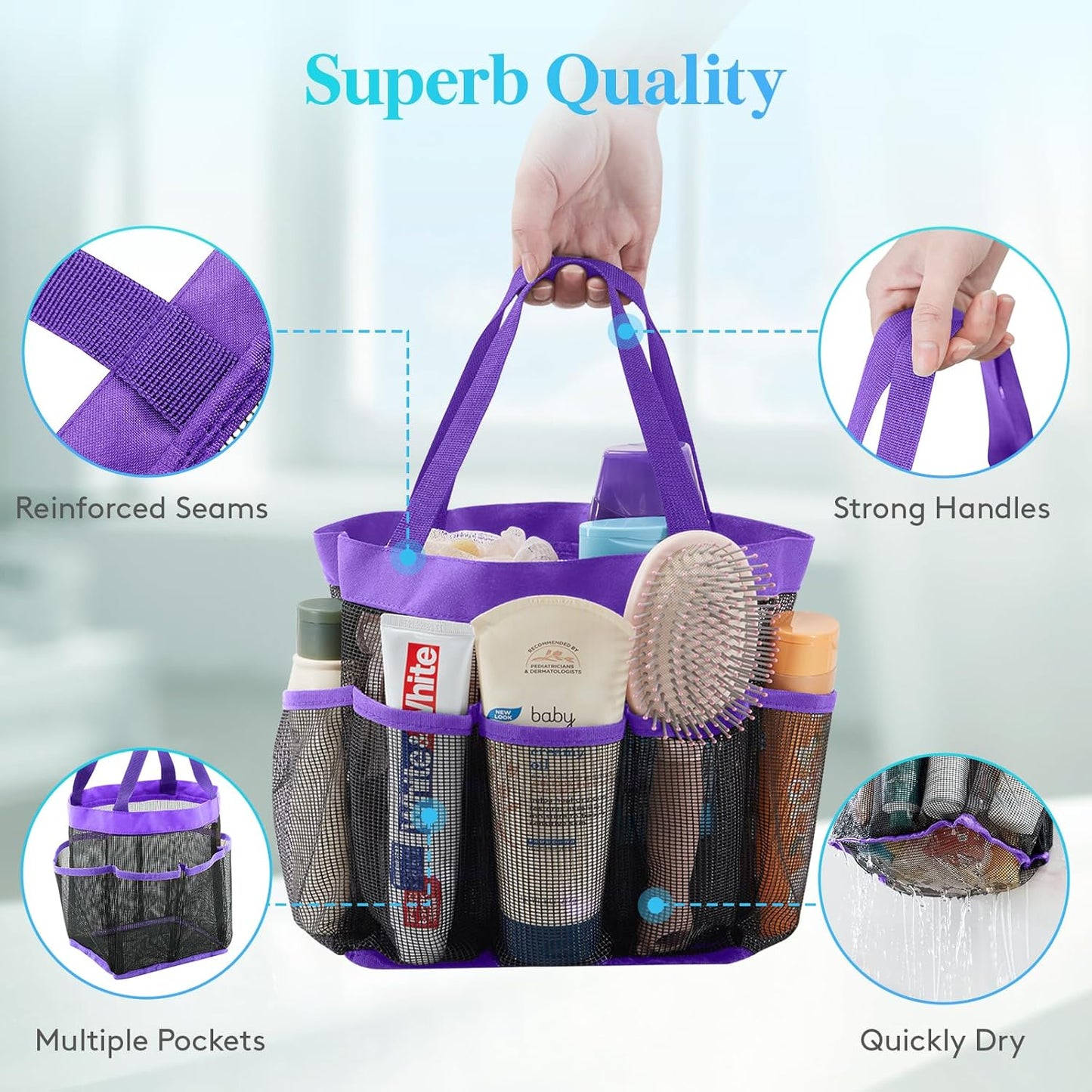 Lifewit Mesh Shower Caddy Freestanding Portable Shower Tote Bag for College Dorm, Bathroom,Gym,Travel, Quick Dry Hanging Shower Organizer with 7 Storage Pockets for Toiletry Essentials, Purple