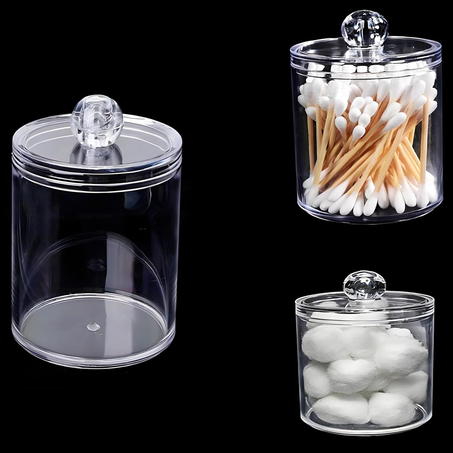 AXX Qtip Dispenser Apothecary Jars Bathroom - Qtip Holder Storage Canister Clear Plastic Jar for Cotton Swab,Q-Tips,Cotton Rounds (C#Clear 3Pcs)