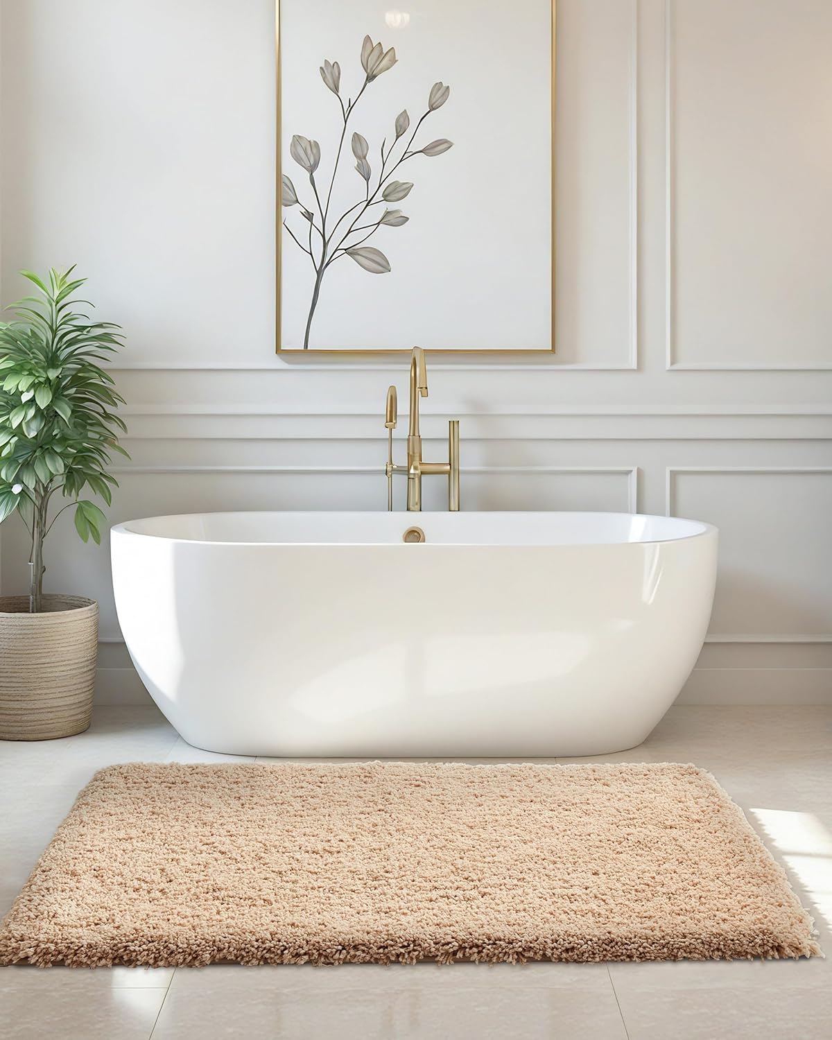 ILANGO Beige Bathroom Rugs 60" × 24" Non Slip & Super Absorbent Extra Thick Soft, Washable Bath Carpet Runner for Floor, Microfiber Plush Shaggy Bath Mats with Rubber for Bedroom Bathtub Shower Room