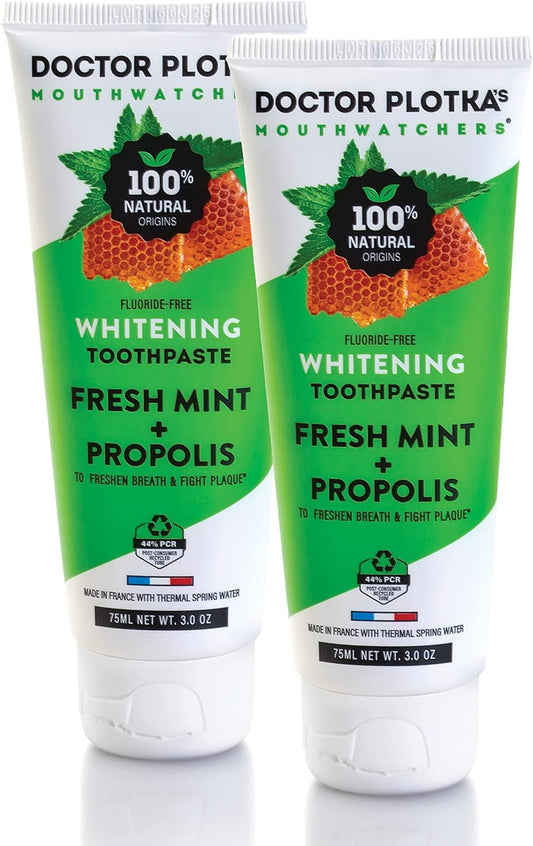 MOUTHWATCHERS Whitening Fluoride Free Naturally Sourced Toothpaste, 2 Tubes, 3 oz Each, for Sensitive Teeth and Gums, Organic, SLS Free, Fresh Mint and Organic Propolis, by Dr. Plotka's