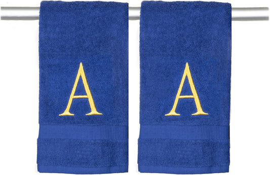 Navy Monogrammed Hand Towels for Bathroom - Luxury Hotel Quality Personalized Initial Decorative Embroidered Towel for Powder Room, Spa - GOTS Organic Certified - Set of 2 Gold Letter A