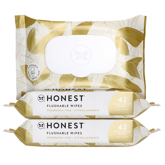 The Honest Company Flushable Wipes for Sensitive Skin | Fragrance Free, Hypoallergenic, 99% Water, Safe to Flush | pH Balanced Feminine Wipes | Gilded Wings, 126 Count