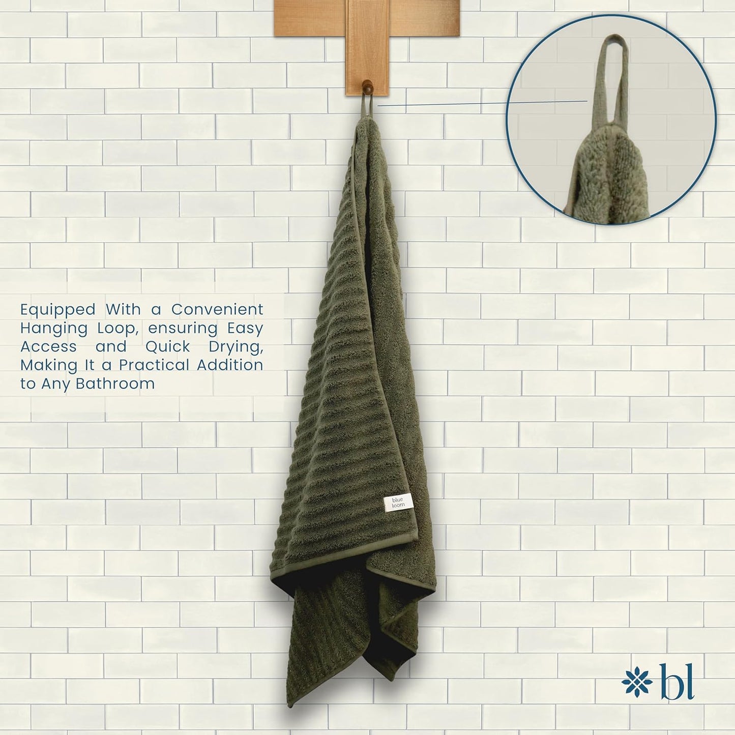 Blue Loom Ribbed Hand 2 Towels Set, 100% Cotton 600GSM, Soft Absorbent Durable Quick Drying for Bathroom - Mason 2 Piece 18" x 30" - Moss