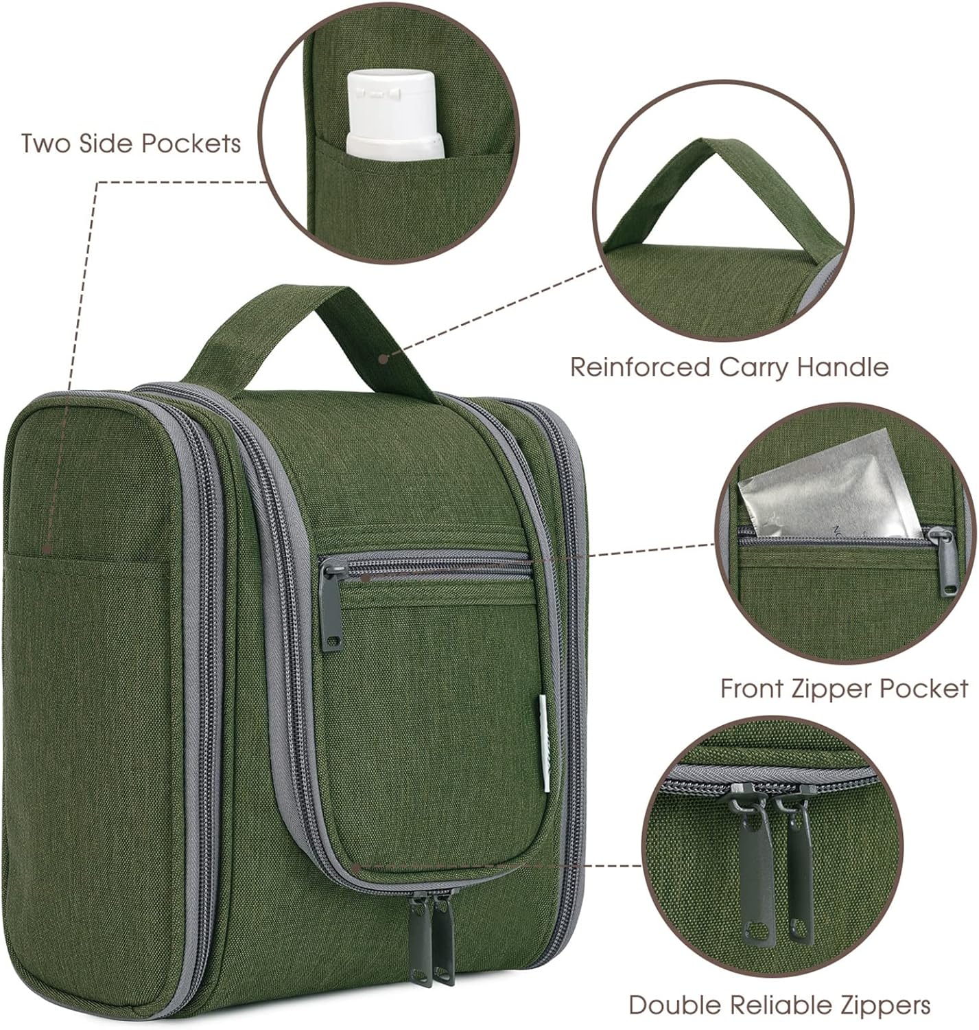 Narwey Small Hanging Travel Toiletry Bag Cosmetic Make up Organizer for Women and Men (Medium, Army Green)