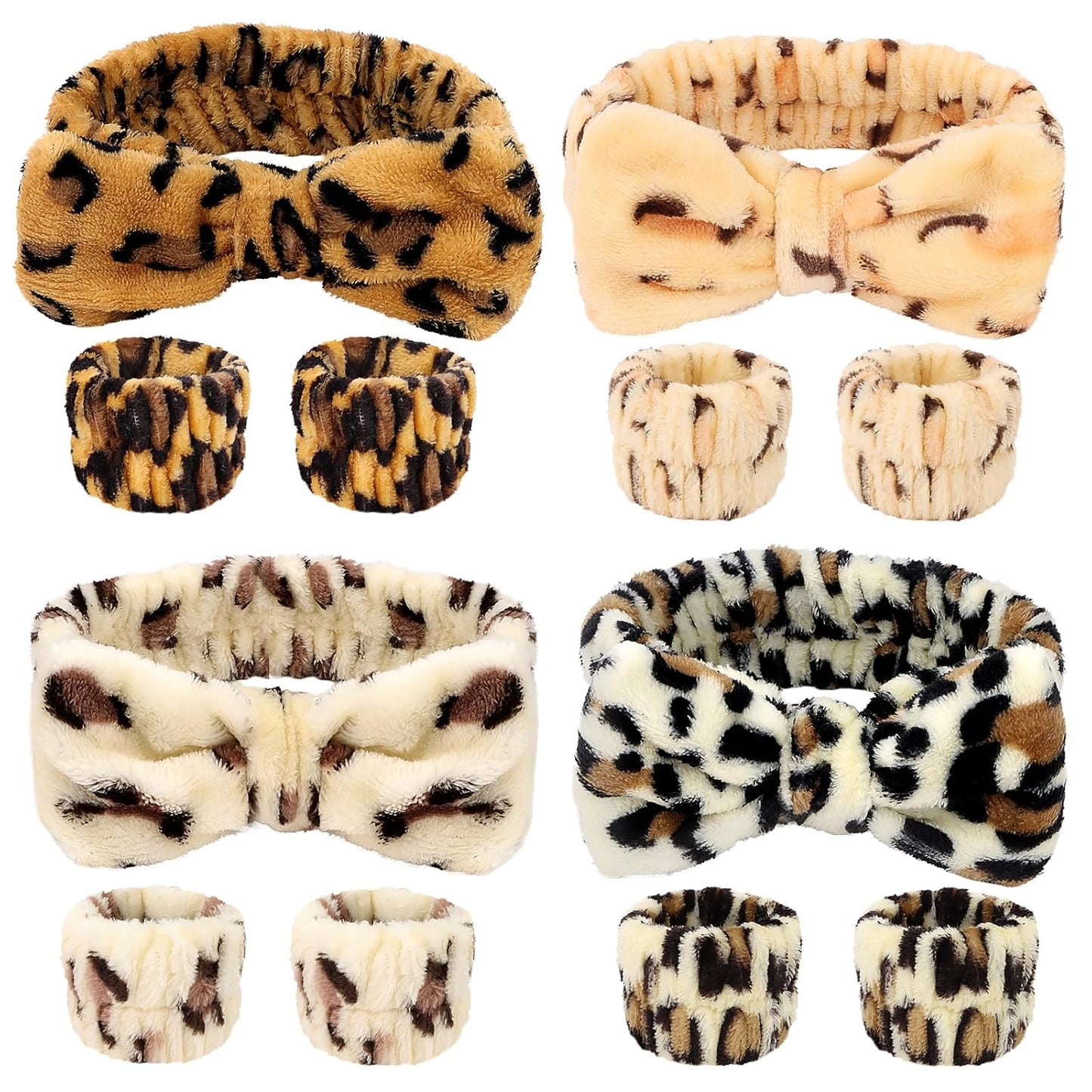 CAVETEE Spa Headband and Wristband Set, Spa & Makeup Fluffy Bow Headband Skincare Hair Band and Wristbands for Face Washing Shower & Yoga