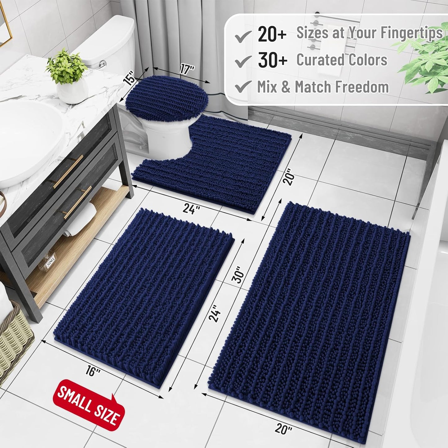 Arotive Luxury Chenille Bathroom Rug Mat, Extra Soft Thick Absorbent Shaggy Bath Rugs, Non-Slip Machine Wash Dry, Plush Bath Mats for Bathroom, Shower and Tub, 70x46, Navy