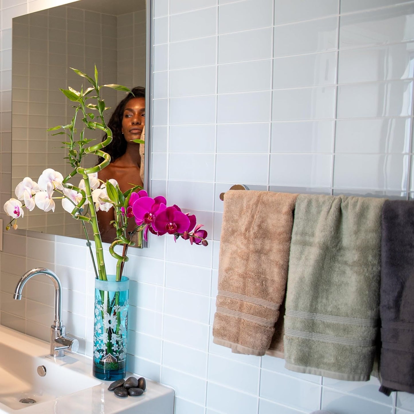 Mosobam Luxury Turkish Set of 6 Hand Towels 16X30 Navy Blue 700 GSM Bamboo Viscose & Aegean Turkish Combed Cotton