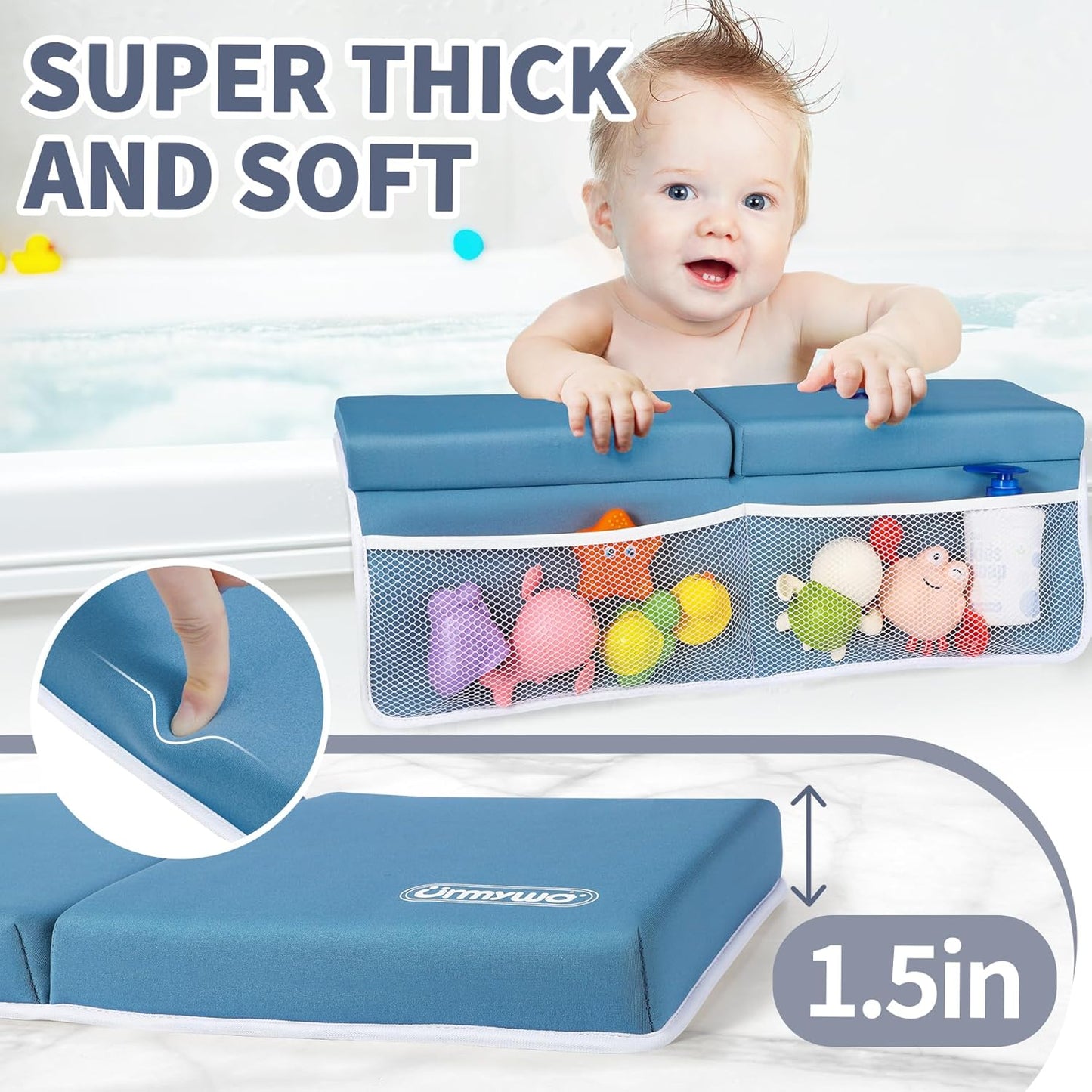 URMYWO Bath Kneeler and Elbow Rest Pad Set - 1.5" Thick Baby Bath Kneeler Pads with Toys Organizer, Anti-Slip Cozy Knee & Arm Support Bathtub Mat, Quick Dry Kneeling Pad for Baby Bath Time