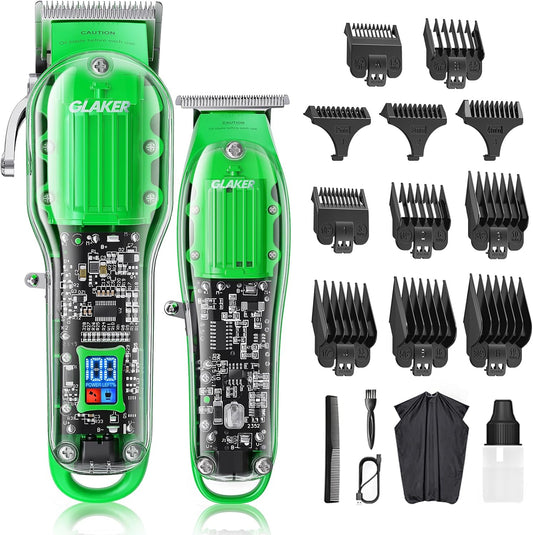 GLAKER Hair Clippers for Men Professional - Cordless Clippers and Trimmers Set, Complete Barber Kit for Hair Trimming & Beard Grooming, Mens Haircutting Kits for Blending & Fade Cuts (Green)