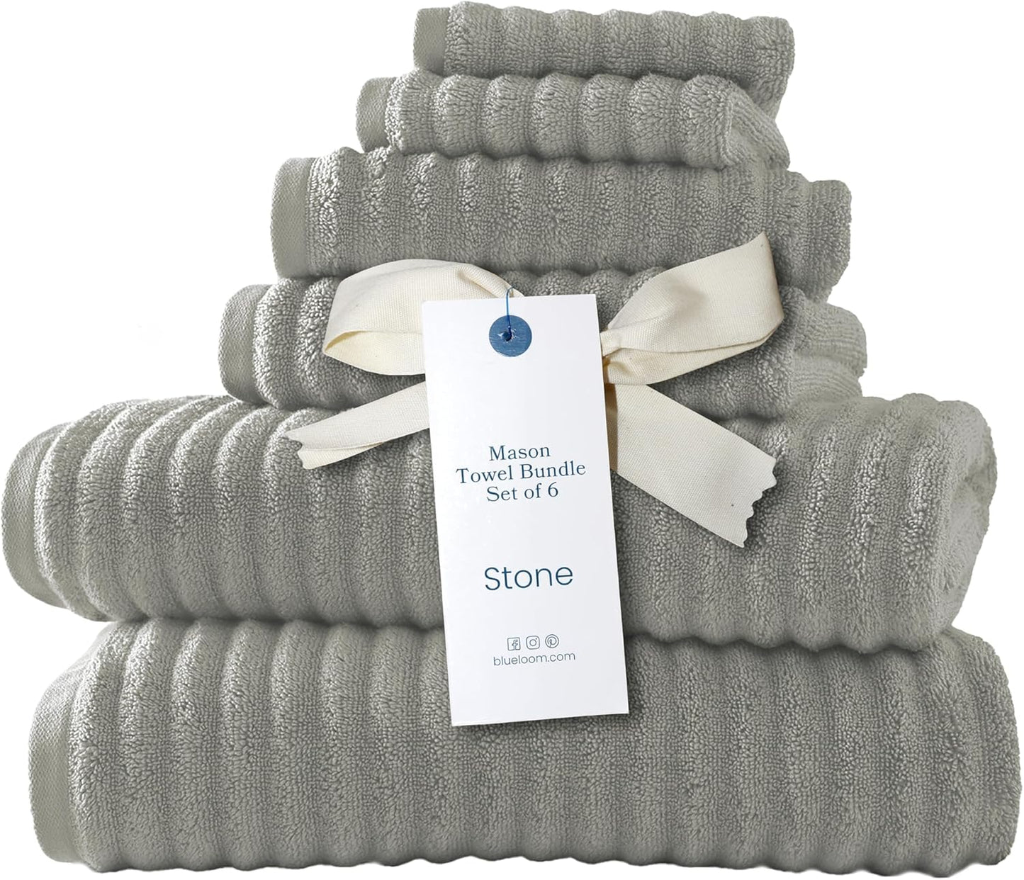 Blue Loom Ribbed Bath Towels Set, 100% Cotton 600GSM, Soft Absorbent Durable 2 Bath Towels, 2 Hand Towels, 2 Wash Cloths for Bathroom - Mason (58" x 30" inch Towels) (Stone, 6 Piece)