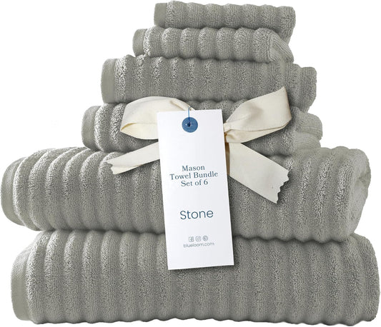 Blue Loom Ribbed Bath Towels Set, 100% Cotton 600GSM, Soft Absorbent Durable 2 Bath Towels, 2 Hand Towels, 2 Wash Cloths for Bathroom - Mason (58" x 30" inch Towels) (Stone, 6 Piece)