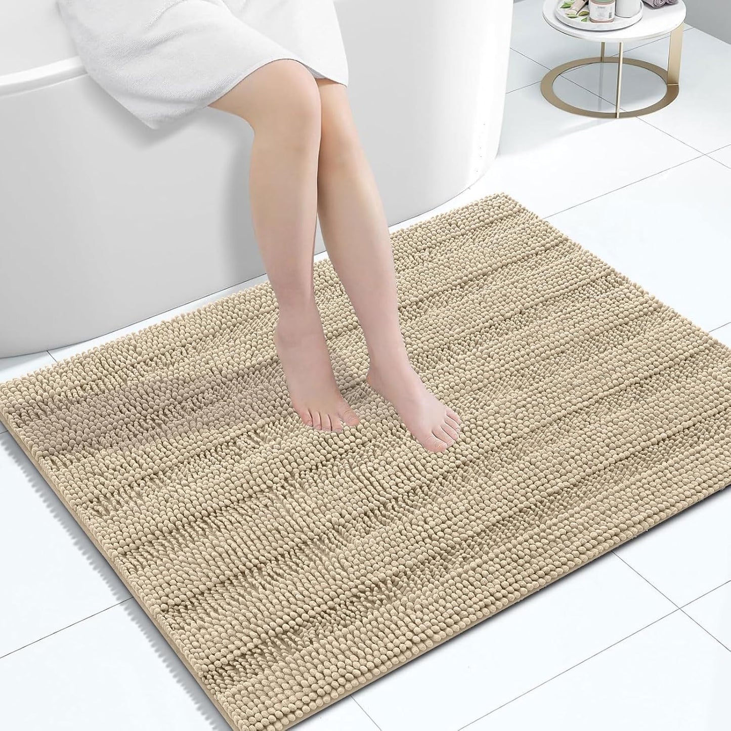 Grandaily Chenille Striped Bathroom Rugs 40x32, Extra Thick and Absorbent Bath Mats, Non-Slip Soft Plush Shaggy Shower Carpet, Machine Wash Dry, Bath Rug for Bathroom, Beige