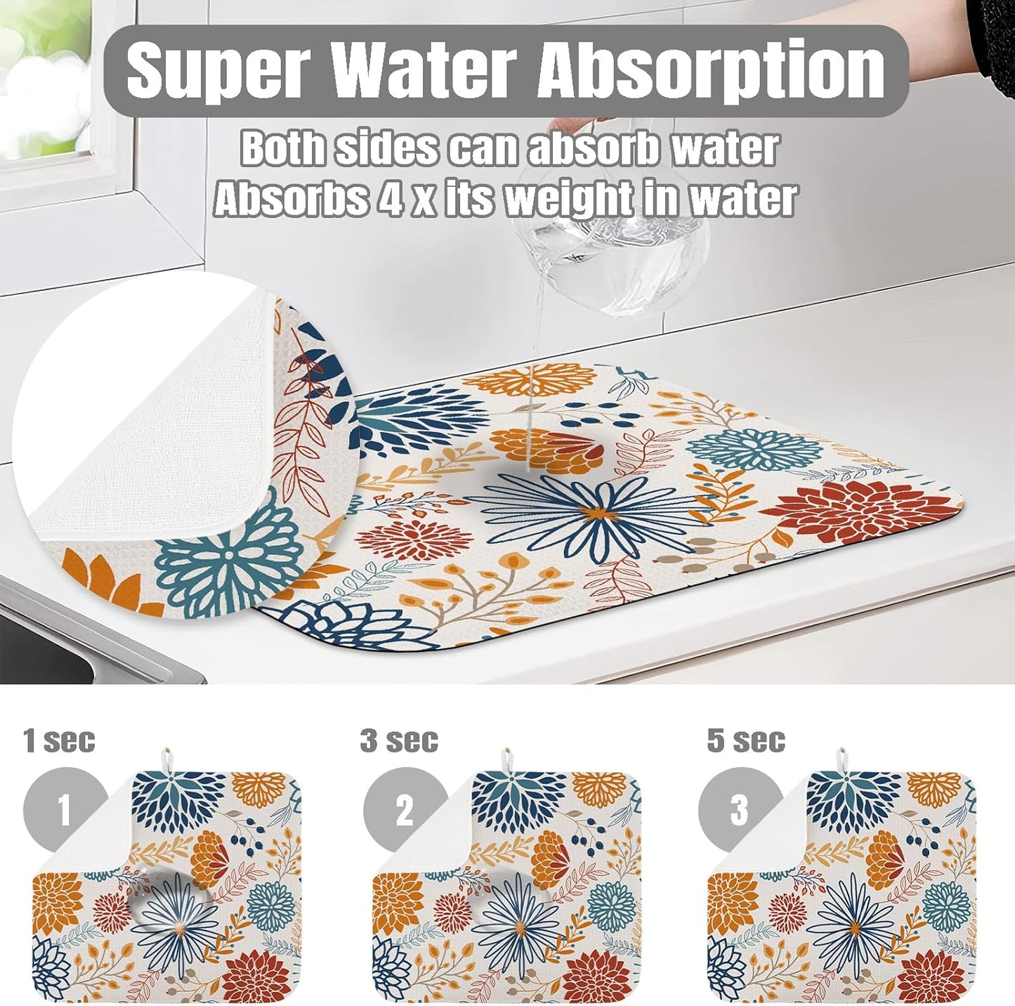 Dish Drying Mat for Kitchen Counter Large 18" x 24" Modern Flower Absorbent Microfiber Dishes Drainer Rack Mats Pad Reusable Washable