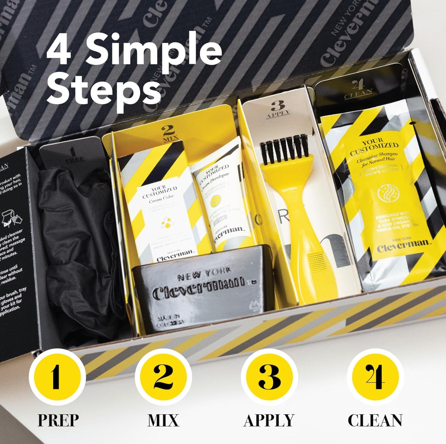 Cleverman Hair & Beard Dye Kit for Men, All-in-One Reusable Mens Hair Color, Natural Gray Coverage, Ammonia-Free Beard Mustache Dye for Men (Medium Brown)