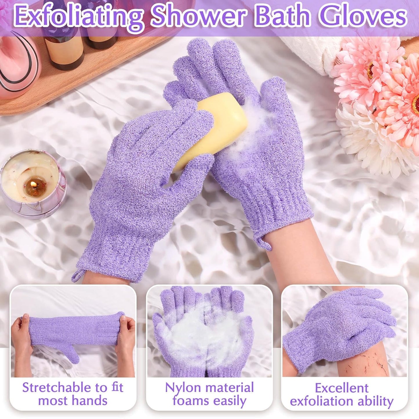Anezus Exfoliating Back Scrubber Bath Gloves Set, Exfoliating Shower Towel with Shower Gloves for Body Scrub, Back Cleaner Wash Gloves to Remove Dead Skin (Purple)