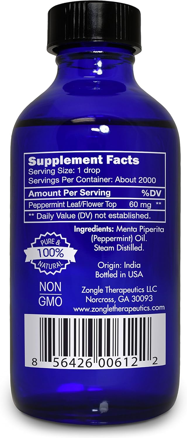 Peppermint Oil, Food Grade, Edible, for Digestion, IBS, Hair – 100% Pure, Peppermint Essential Oil, Mint Oil, Safe for Ingestion, by Zongle Therapeutics, 4 OZ