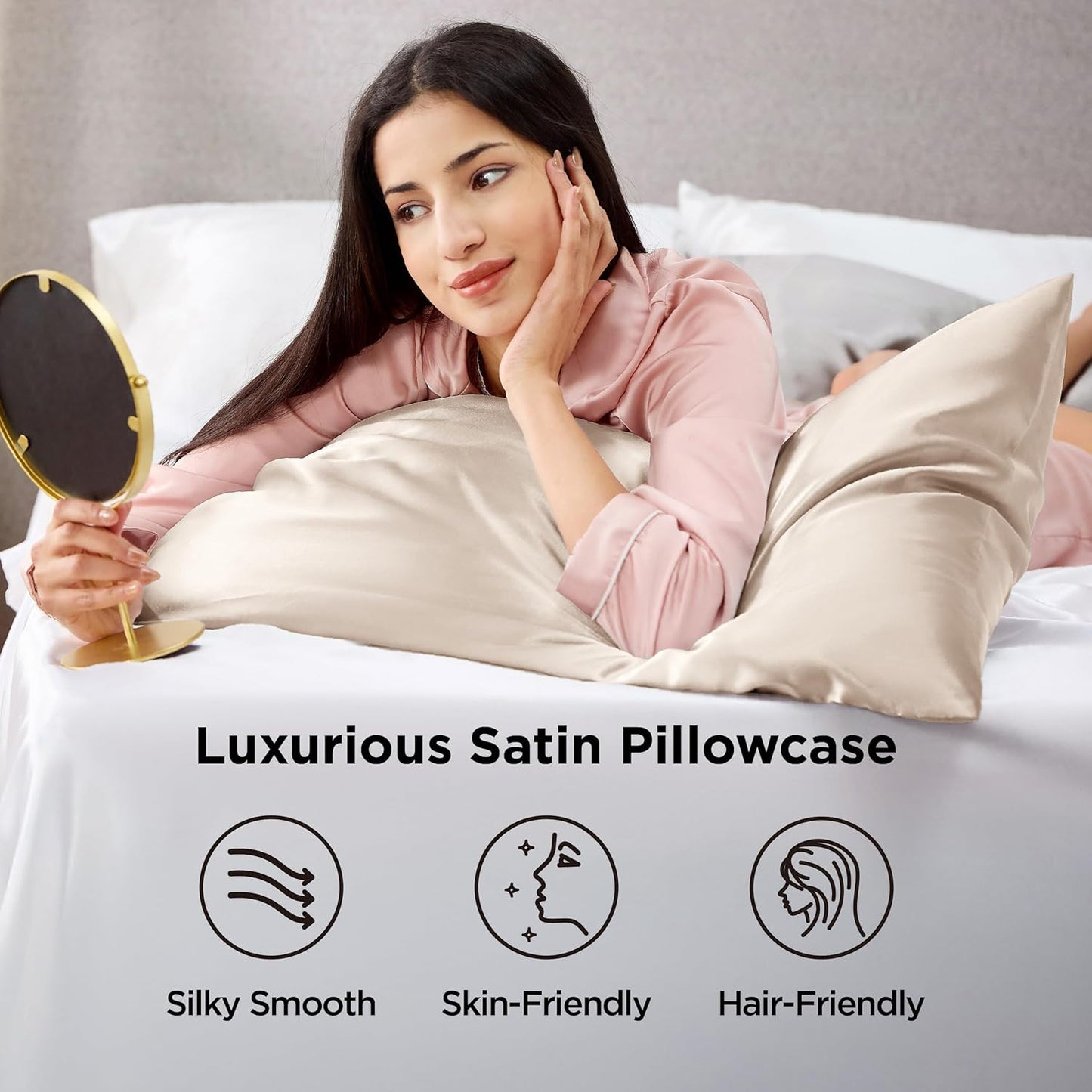 Bedsure Satin Pillowcase 2 Pack Similar to Silk Pillow Cases Standard Size, Pillow Case for Sleeping Women with Envelope Closure, Gifts for Women Men, Beige, 20x26 Inches, 2pcs