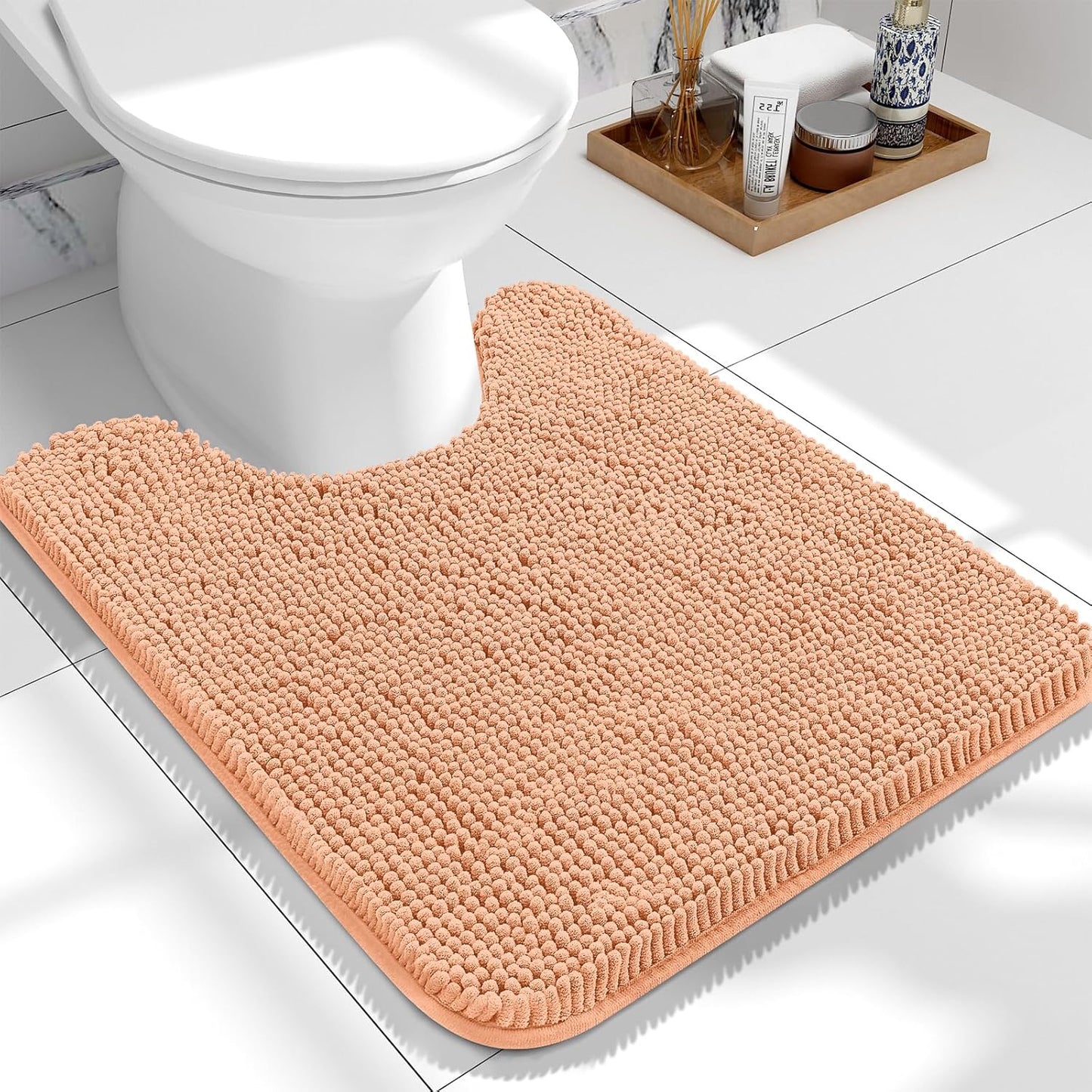 OLANLY Toilet Rugs U-Shaped 24x20, Extra Soft Absorbent Chenille Contour Bathroom Rugs for Toilet, Dry Quickly, Machine Washable, Non-Slip Bath Mat, Peach