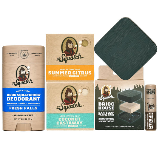 Dr. Squatch NEW Bricc House Travel Pack - Soap Travel Case + Summer Citrus, Coconut Castaway Soap + Fresh Falls Deodorant + Vanilla Bourbon Lip Balm - Full Routine Natural Men's Care Kit