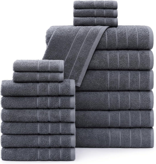 Casa Platino 100% Cotton Luxury Bathroom Towel Set - 18 Pc - Ring Spun, Quick Dry, Soft & Highly Absorbent - 6 Bath, 6 Washcloths, 6 Hand Towels - Remains Plush After Multiple Washes - Cool Grey