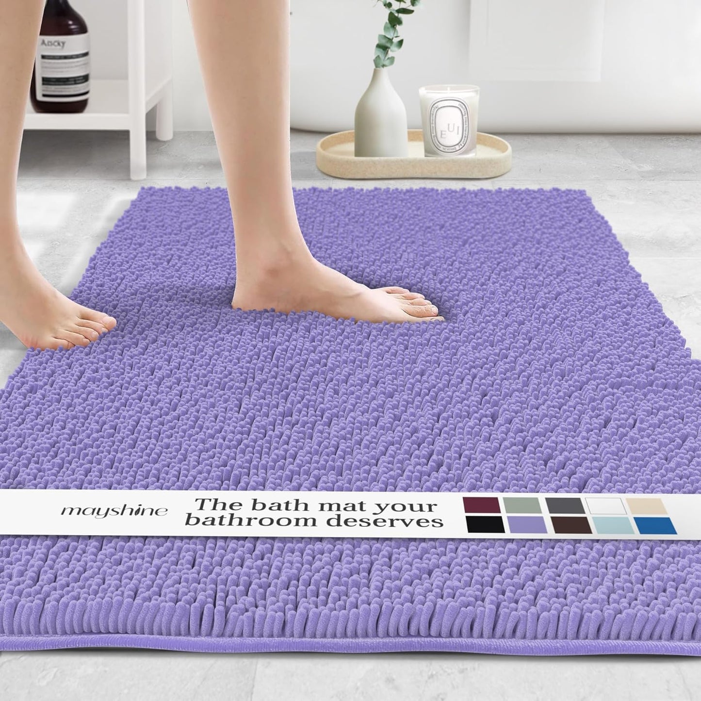 MAYSHINE Plush Shaggy Chenille Bath Mat | Extra Soft, Super Absorbent, Non-Slip Bathroom Rug | Fluffy Microfiber, Area Rug Sets for Bathroom Floor, Kitchen, Living Room | 47"x27" | Lavender