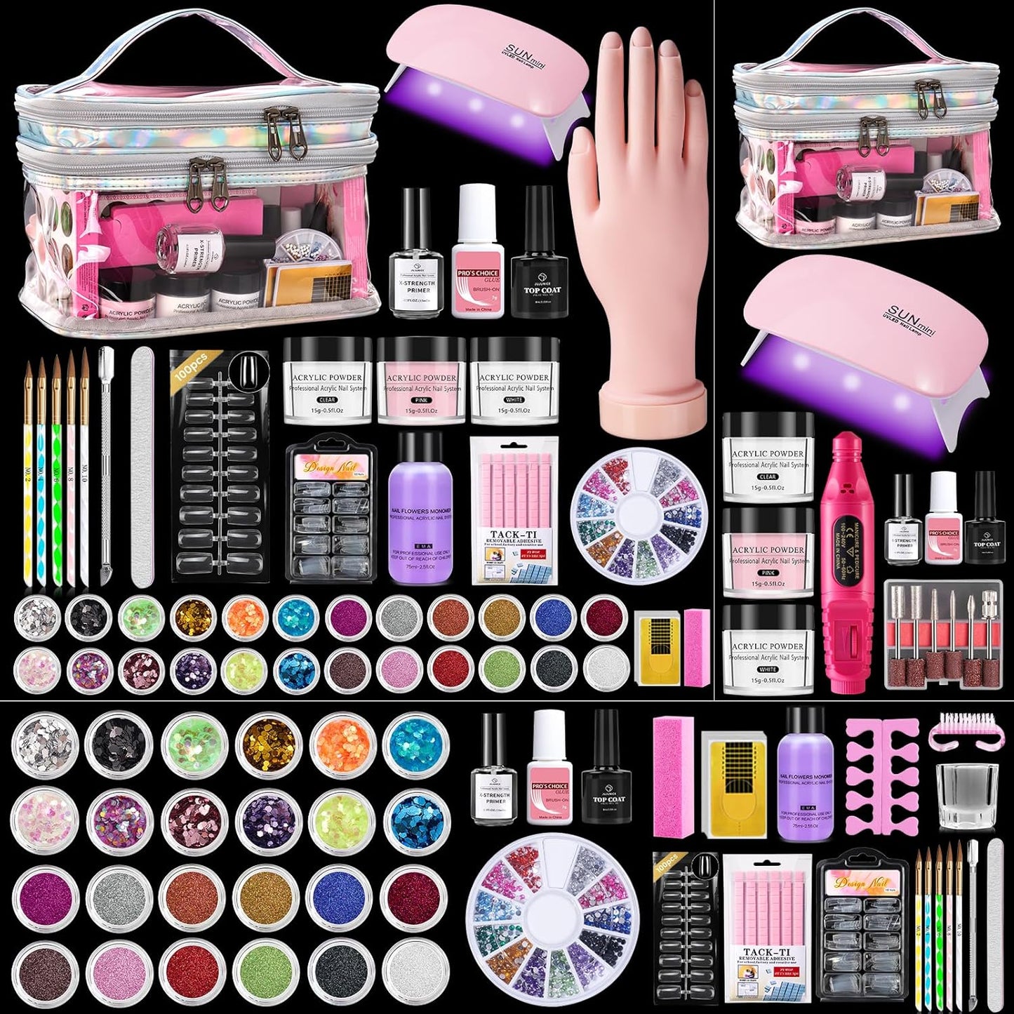 Acrylic Nail Kit for Beginners with Everything: Practice Nail Hand Acrylic Nail Powder Liquid Set with U V Lamp Drill in Gift Bag for Home (Sliver Bag)
