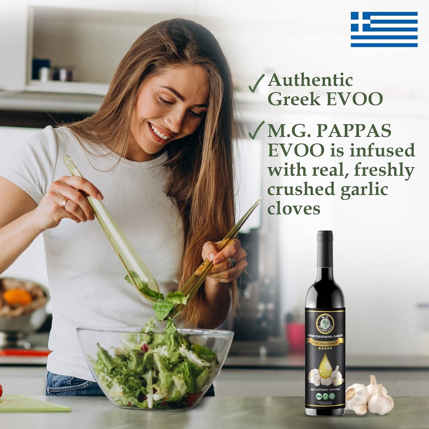 M.G. PAPPAS High Polyphenol Rich Garlic Infused Olive Oil - Extra Virgin Olive Oil Polyphenol Lab Report 650mg/kg - Cold Pressed & Unfiltered - High Hydroxytyrosol Greek Olive Oil - Award Winning