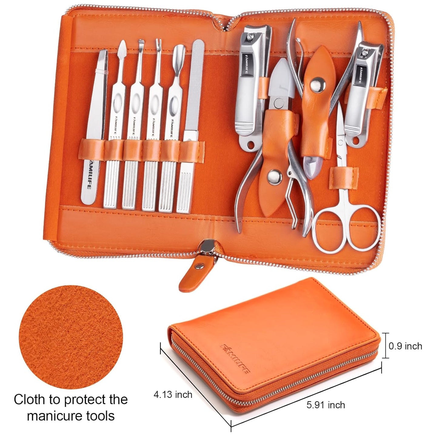 FAMILIFE Professional Manicure Set, Manicure Kit, Nail Clippers Set, 11 in 1 Stainless Steel Orange Pedicure Tool, Nail Kit with Portable Leather Travel Case Luxury Gifts